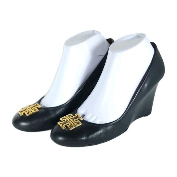 Tory Burch Shoes - Tory Burch Women’s Melinda US 8M Black Leather Logo Slip On Wedge Pumps Shoes